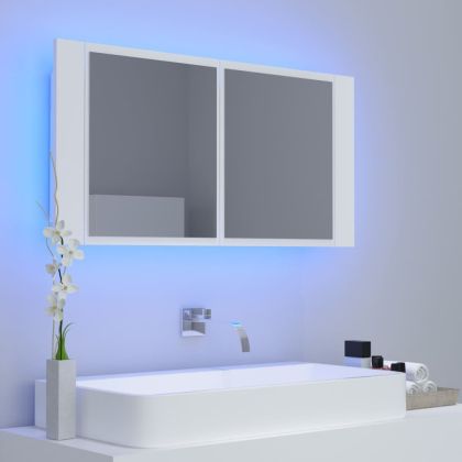 Шкаф с LED огледало за баня, бял, 90x12x45 см, акрил
