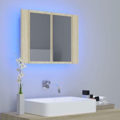 Шкаф с LED огледало за баня, дъб сонома, 60x12x45 см, акрил