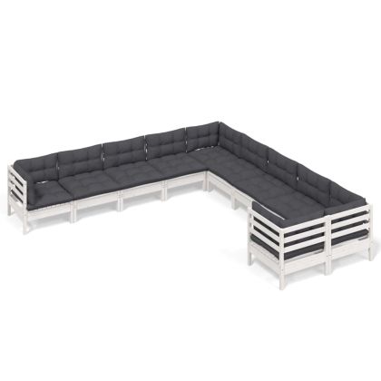 Градински лаундж комплект с възглавници, 10 части, бял, бор