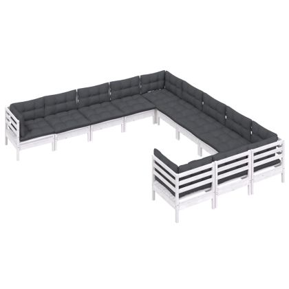 Градински лаундж комплект с възглавници, 11 части, бял, бор