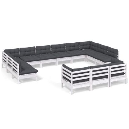 Градински лаундж комплект с възглавници, 13 части, бял, бор