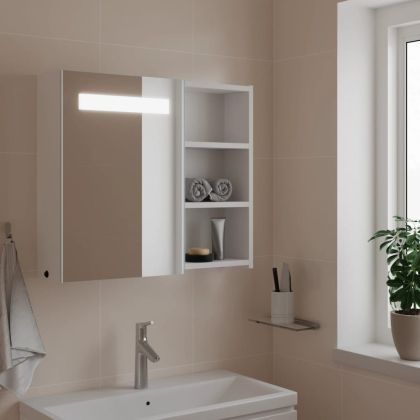 Огледален шкаф за баня с LED светлина бял 60x13x52 см