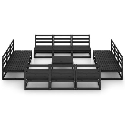 Градински лаундж комплект, 13 части, черен, бор масив