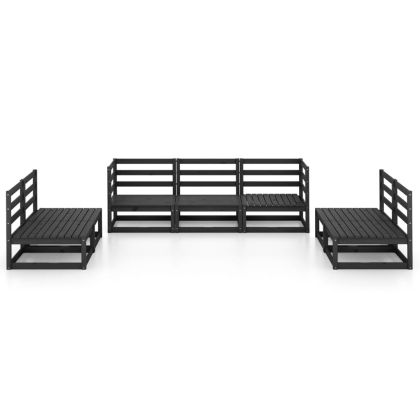 Градински лаундж комплект, 7 части, черен, бор масив