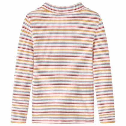 Детска тениска с дълги ръкави, ниска яка, раирана, екрю, 92