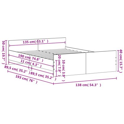 Рамка за легло с горна и долна табла, бетонно сива, 135x190 см