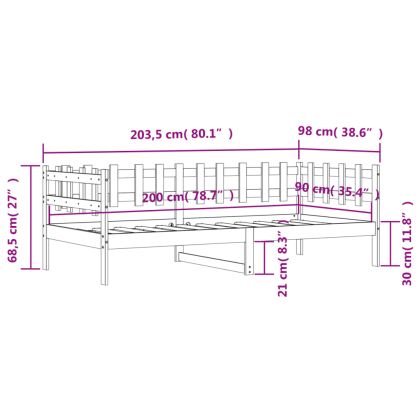 Дневно легло, черно, борово дърво масив, 90x200 см