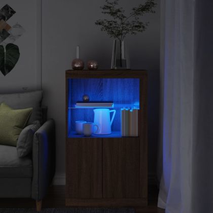 Страничен шкаф с LED осветление, кафяв дъб, инженерно дърво