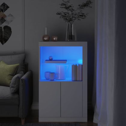 Страничен шкаф с LED осветление, бял, инженерно дърво