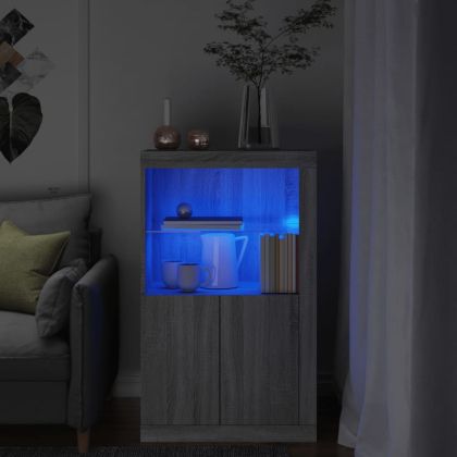 Страничен шкаф с LED осветление, сив сонома, инженерно дърво