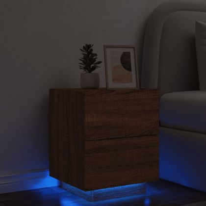 Нощно шкафче с LED осветление, кафяв дъб, инженерно дърво