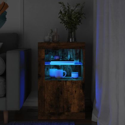 Страничен шкаф с LED осветление, опушен дъб, инженерно дърво