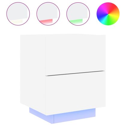 Нощни шкафчета с LED, 2 бр, бяло, инженерна дървесина