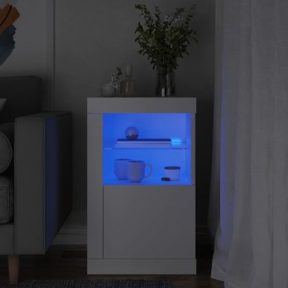Страничен шкаф с LED осветление, бял, инженерно дърво