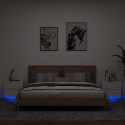 Нощни шкафчета за стена с LED осветление, 2 бр, бели