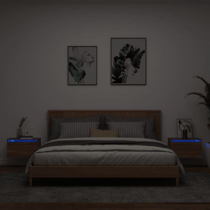 Нощни шкафчета за стена с LED осветление, 2 бр, кафяв дъб