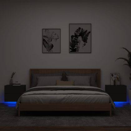 Нощни шкафчета за стена с LED осветление, 2 бр, черни