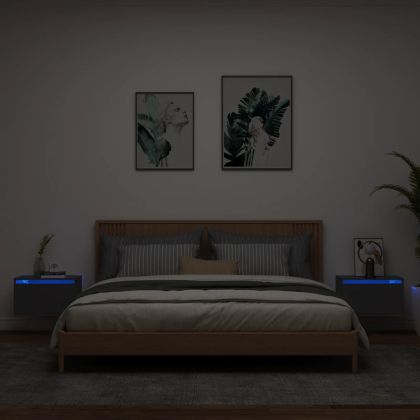 Нощни шкафчета за стена с LED осветление, 2 бр, черни