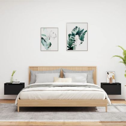 Нощни шкафчета за стена с LED осветление, 2 бр, черни