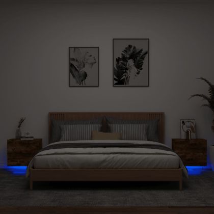 Нощни шкафчета за стена с LED осветление, 2 бр, опушен дъб