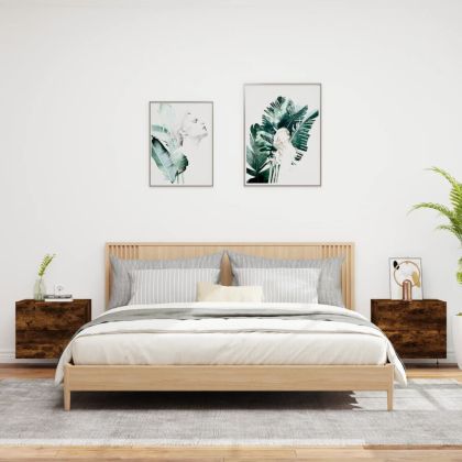 Нощни шкафчета за стена с LED осветление, 2 бр, опушен дъб