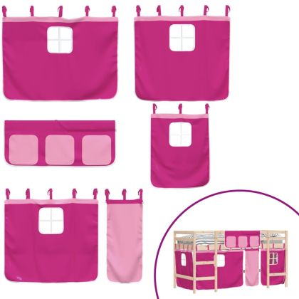 Детско високо легло със завеси розово 90x200 см бор масив