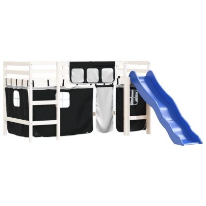 Детско високо легло със завеси бяло и черно 80x200 см бор масив