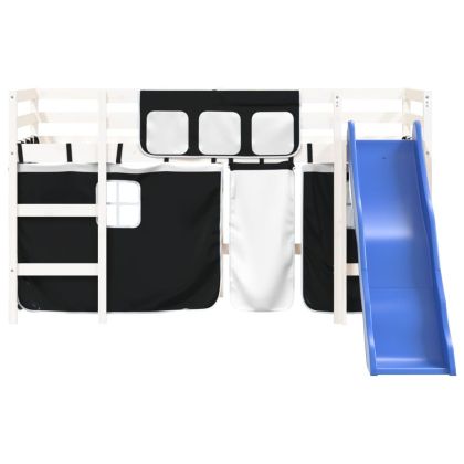 Детско високо легло със завеси бяло и черно 80x200 см бор масив