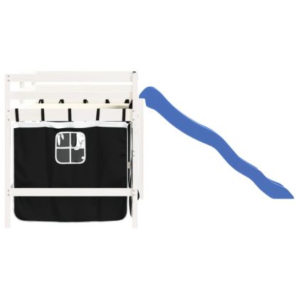 Детско високо легло със завеси бяло и черно 80x200 см бор масив