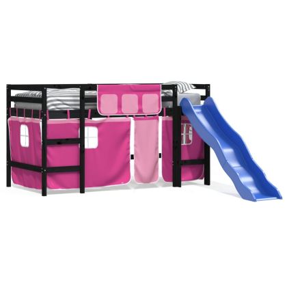 Детско високо легло със завеси розово 80x200 см бор масив