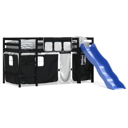 Детско високо легло със завеси бяло и черно 80x200 см бор масив