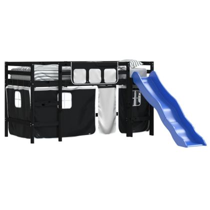 Детско високо легло със завеси бяло и черно 80x200 см бор масив