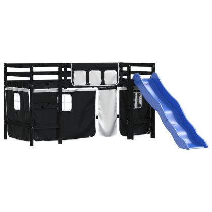 Детско високо легло със завеси бяло и черно 80x200 см бор масив