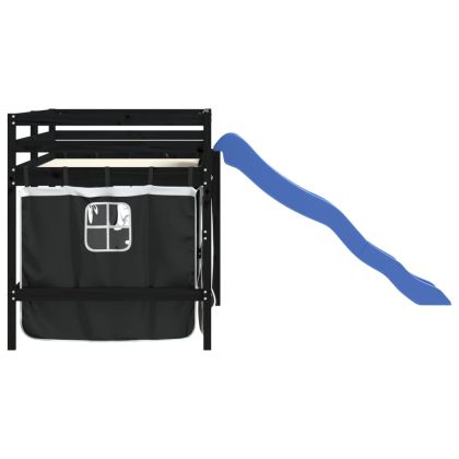 Детско високо легло със завеси бяло и черно 80x200 см бор масив