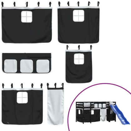 Детско високо легло със завеси бяло и черно 80x200 см бор масив