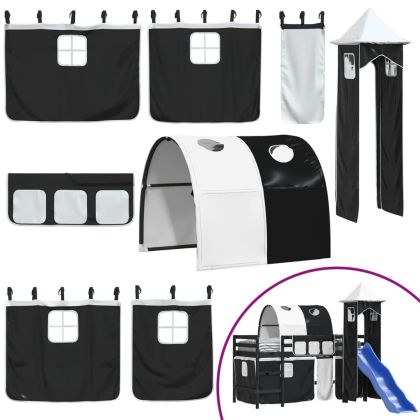 Детско високо легло с кула, бяло и черно, 80x200 см, бор масив