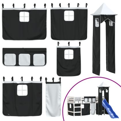 Детско високо легло с кула, бяло и черно, 80x200 см, бор масив