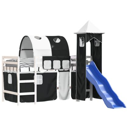 Детско високо легло с кула, бяло и черно, 80x200 см, бор масив