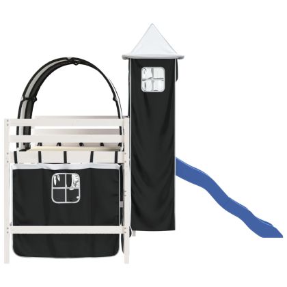 Детско високо легло с кула, бяло и черно, 80x200 см, бор масив