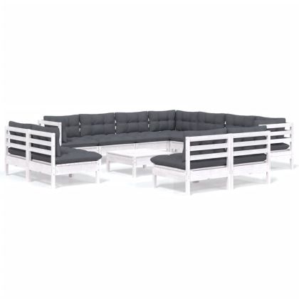 Градински лаундж комплект с възглавници 12 части бял бор масив