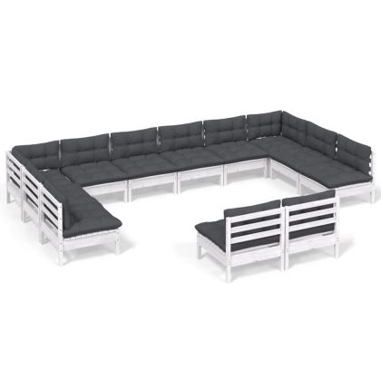 Градински лаундж комплект с възглавници 12 части бял бор масив