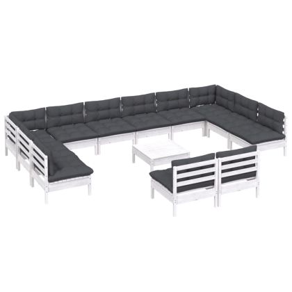 Градински лаундж комплект с възглавници 13 части бял бор масив