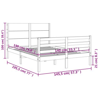 Рамка за легло с табла, бяла, 140x190 см, масивно дърво