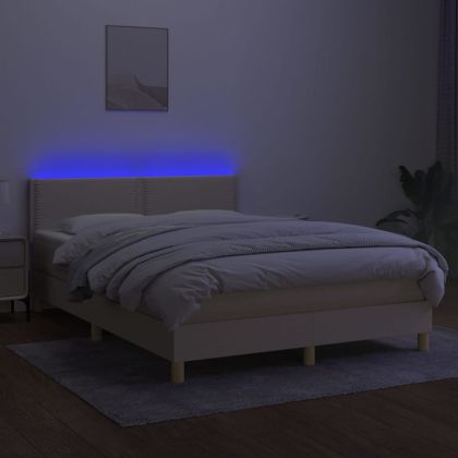 Боксспринг легло с матрак и LED, кремаво, 140x200 см, плат
