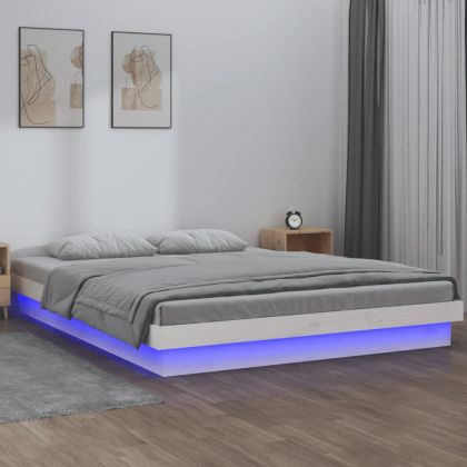 LED рамка за легло бяло 150x200 см King Size масивно дърво