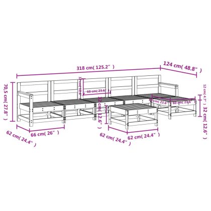 Градински лаундж комплект, 7 части, бял, бор масив
