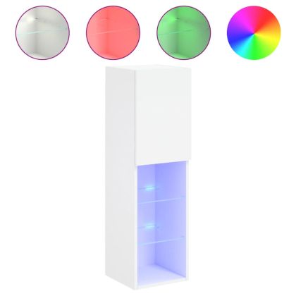 ТВ шкаф с LED осветление, бял, 30,5x30x102 см