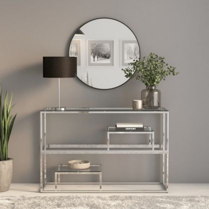 Конзолна маса, сребриста, неръждаема стомана и закалено стъкло