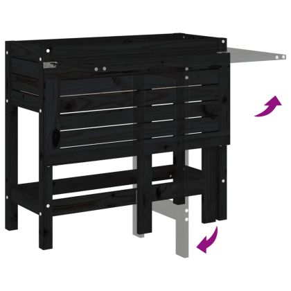 Градинска кашпа със сгъваем плот, черна, масивен бор