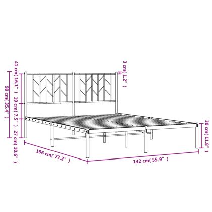 Метална рамка за легло с горна табла, бяла, 135x190 см